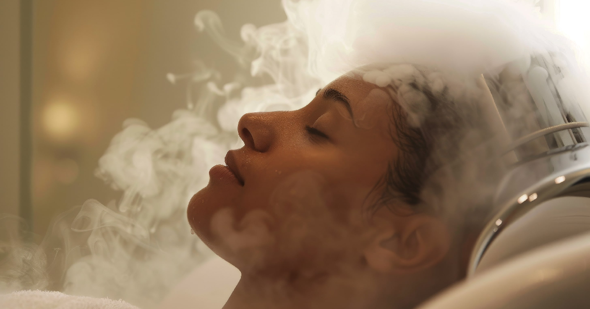 A woman relaxing with her eyes closed inside a steam sauna in Wichita, KS, surrounded by warm vapor, highlighting a serene and therapeutic skincare experience.